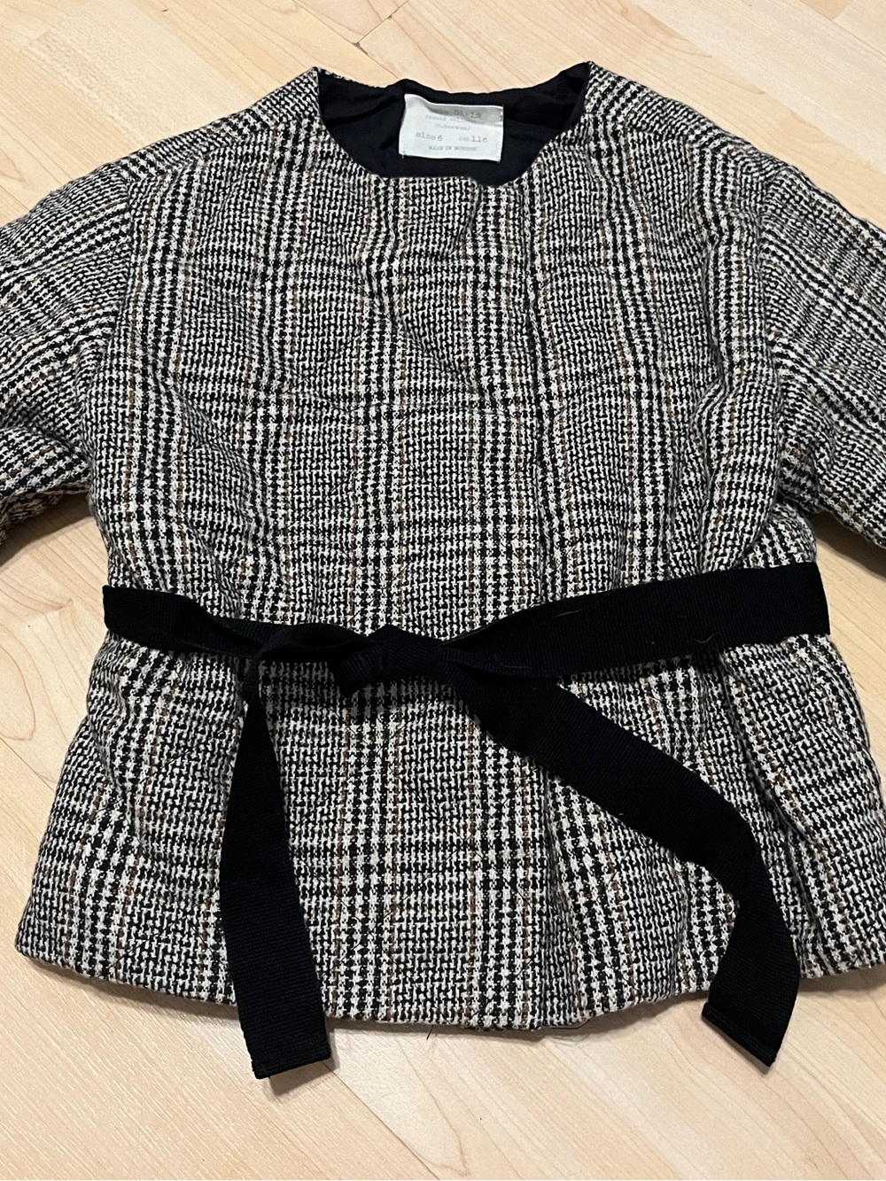 Zara Black & White Quilted Houndstooth Jacket w/ Ribbon Tie S 6